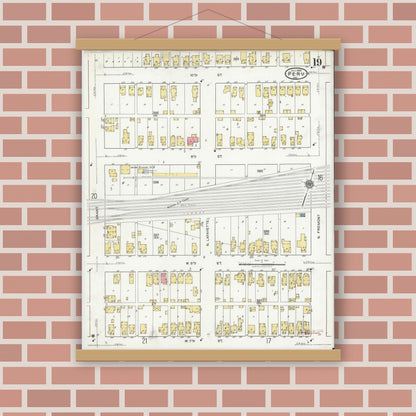 Old map wall art mockup — magnetic wood frame on brick wall — Sanborn Fire Insurance Map from Peru, Miami County, Indiana (1920), Sheet #0019