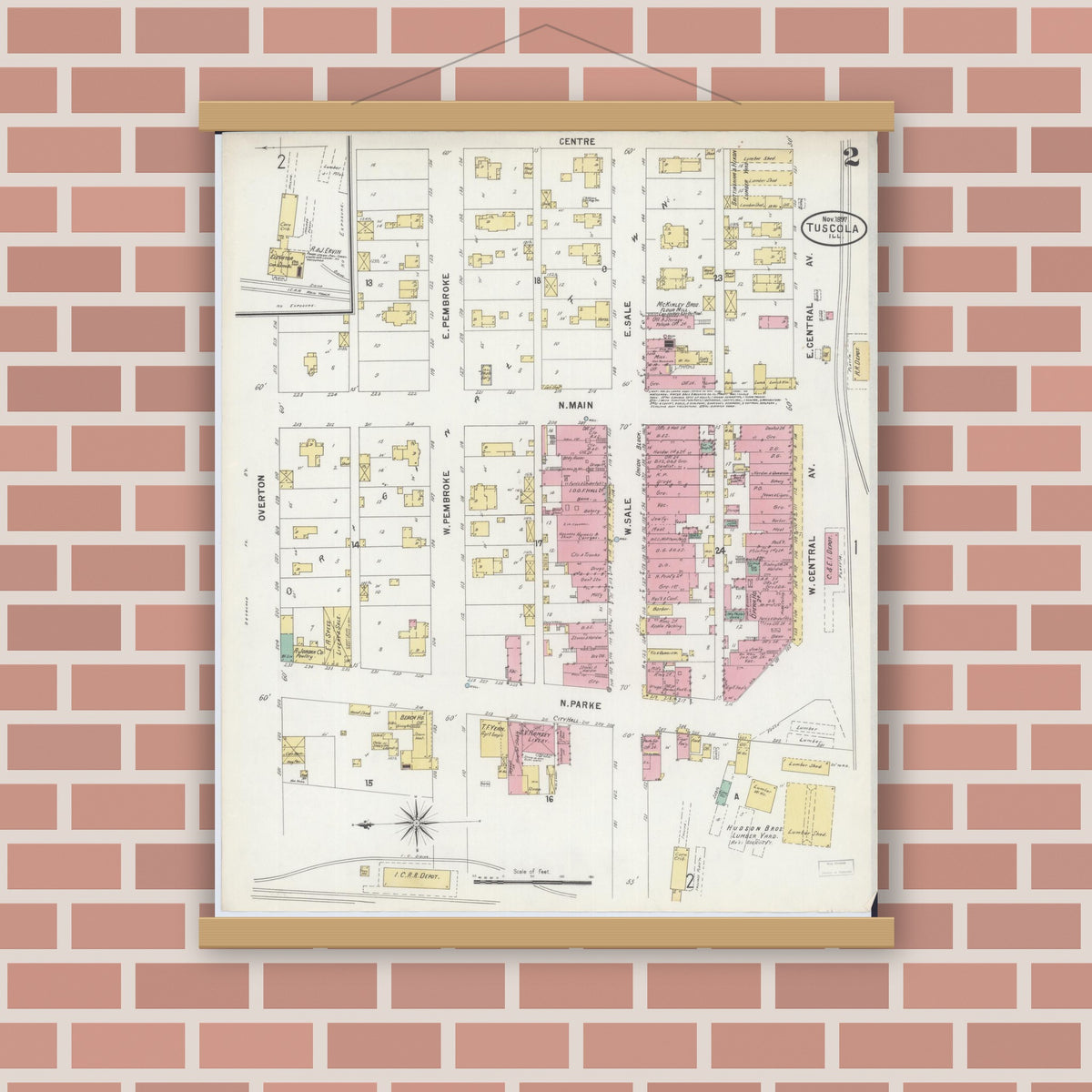 Old map wall art mockup — magnetic wood frame on brick wall — Sanborn Fire Insurance Map from Tuscola, Douglas County, Illinois (1897), Sheet #0002