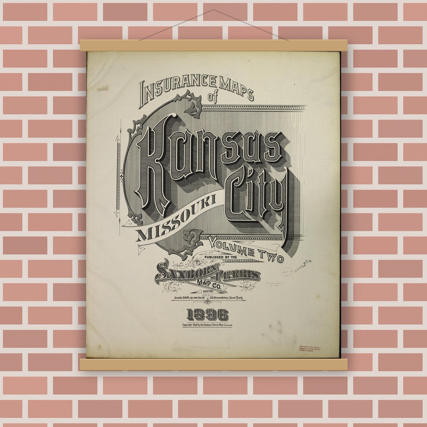 Old map wall art mockup — magnetic wood frame on brick wall — Sanborn Fire Insurance Map from Kansas City, Jackson, Clay, And Platte Counties, Missouri (1896) - Complete Map Set