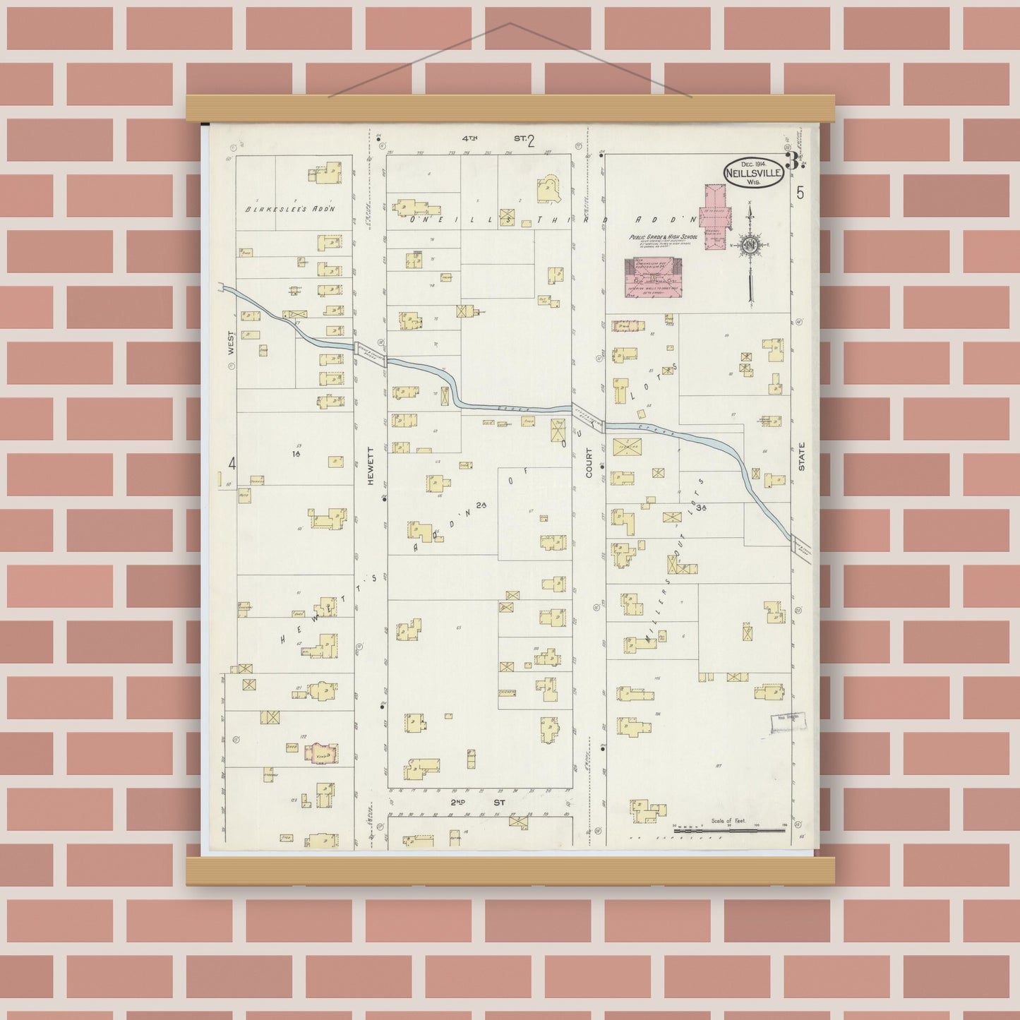 Old map wall art mockup — magnetic wood frame on brick wall — Sanborn Fire Insurance Map from Neillsville, Clark County, Wisconsin (1914), Sheet #0003