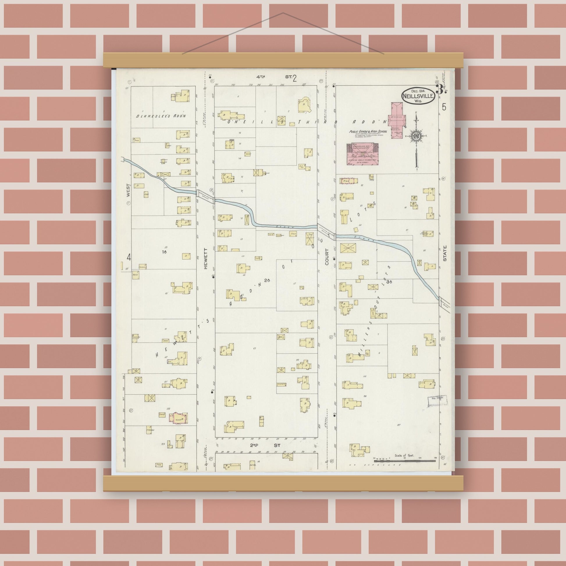 Old map wall art mockup — magnetic wood frame on brick wall — Sanborn Fire Insurance Map from Neillsville, Clark County, Wisconsin (1914), Sheet #0003