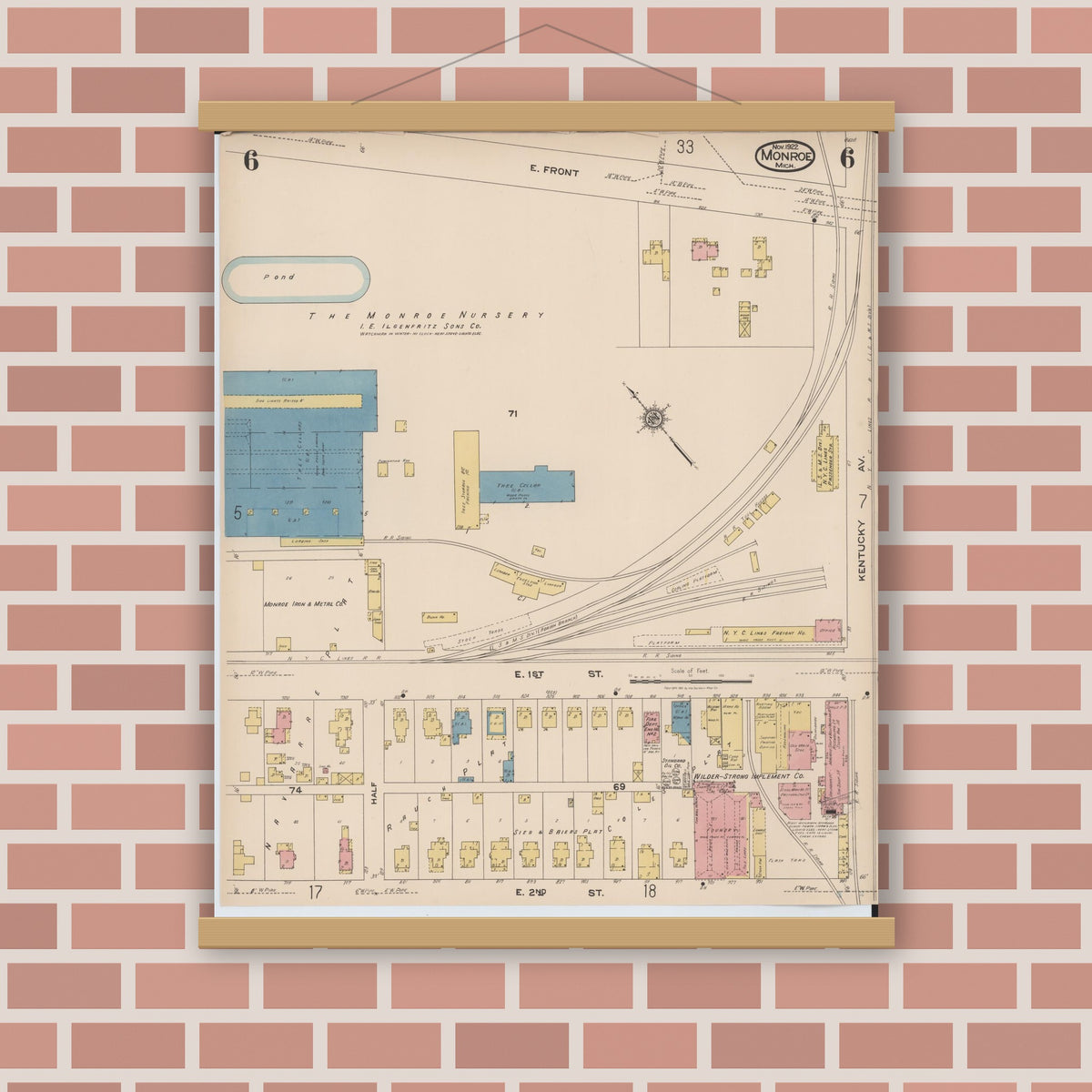Old map wall art mockup — magnetic wood frame on brick wall — Sanborn Fire Insurance Map from Monroe, Monroe County, Michigan (1922), Sheet #0006
