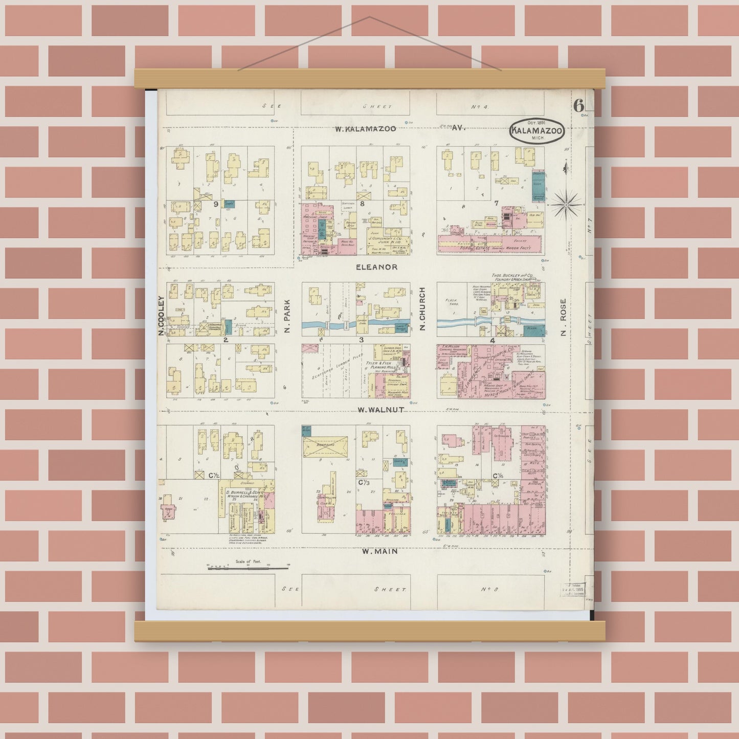 Old map wall art mockup — magnetic wood frame on brick wall — Sanborn Fire Insurance Map from Kalamazoo, Kalamazoo County, Michigan (1891), Sheet #0006