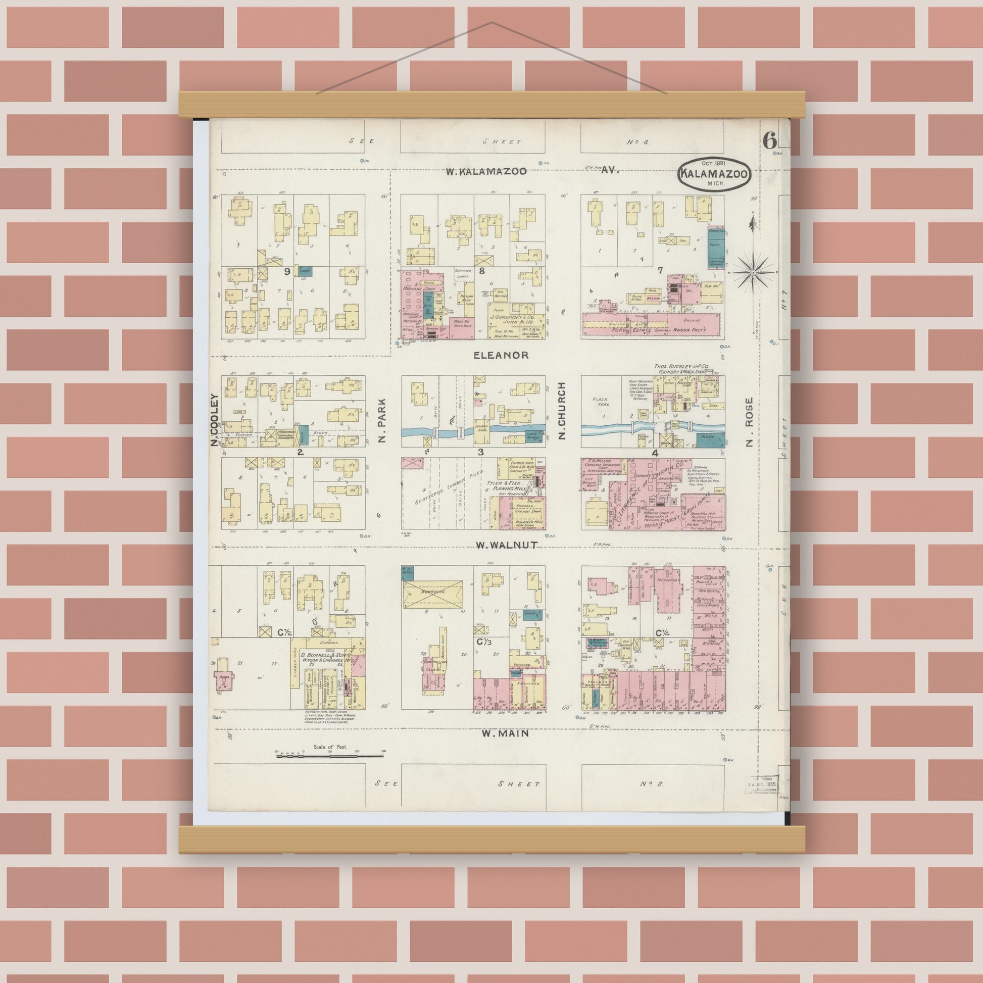 Old map wall art mockup — magnetic wood frame on brick wall — Sanborn Fire Insurance Map from Kalamazoo, Kalamazoo County, Michigan (1891), Sheet #0006