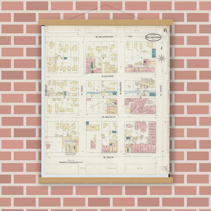 Old map wall art mockup — magnetic wood frame on brick wall — Sanborn Fire Insurance Map from Kalamazoo, Kalamazoo County, Michigan (1891), Sheet #0006