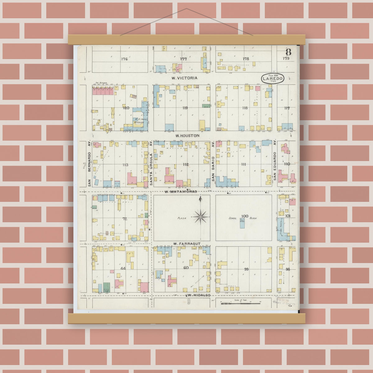 Old map wall art mockup — magnetic wood frame on brick wall — Sanborn Fire Insurance Map from Laredo, Webb County, Texas (1894), Sheet #0008