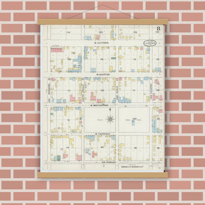 Old map wall art mockup — magnetic wood frame on brick wall — Sanborn Fire Insurance Map from Laredo, Webb County, Texas (1894), Sheet #0008