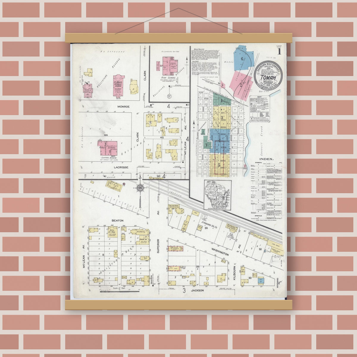 Old map wall art mockup — magnetic wood frame on brick wall — Sanborn Fire Insurance Map from Tomah, Monroe County, Wisconsin (1912) - Complete Map Set
