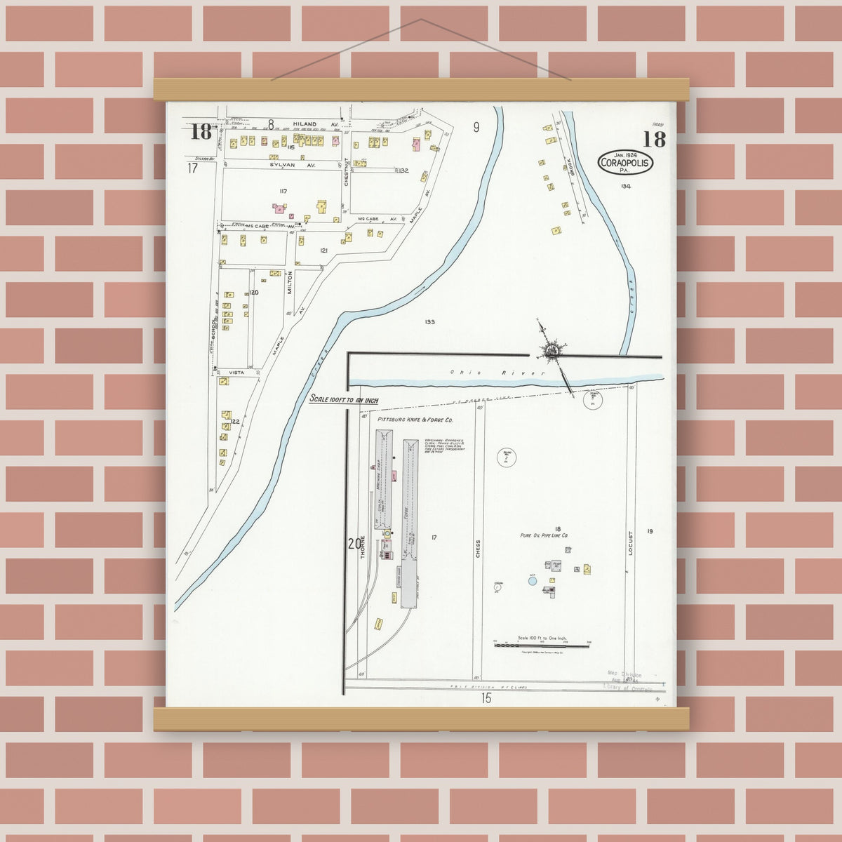 Old map wall art mockup — magnetic wood frame on brick wall — Sanborn Fire Insurance Map from Coraopolis, Allegheny County, Pennsylvania (1924), Sheet #0018