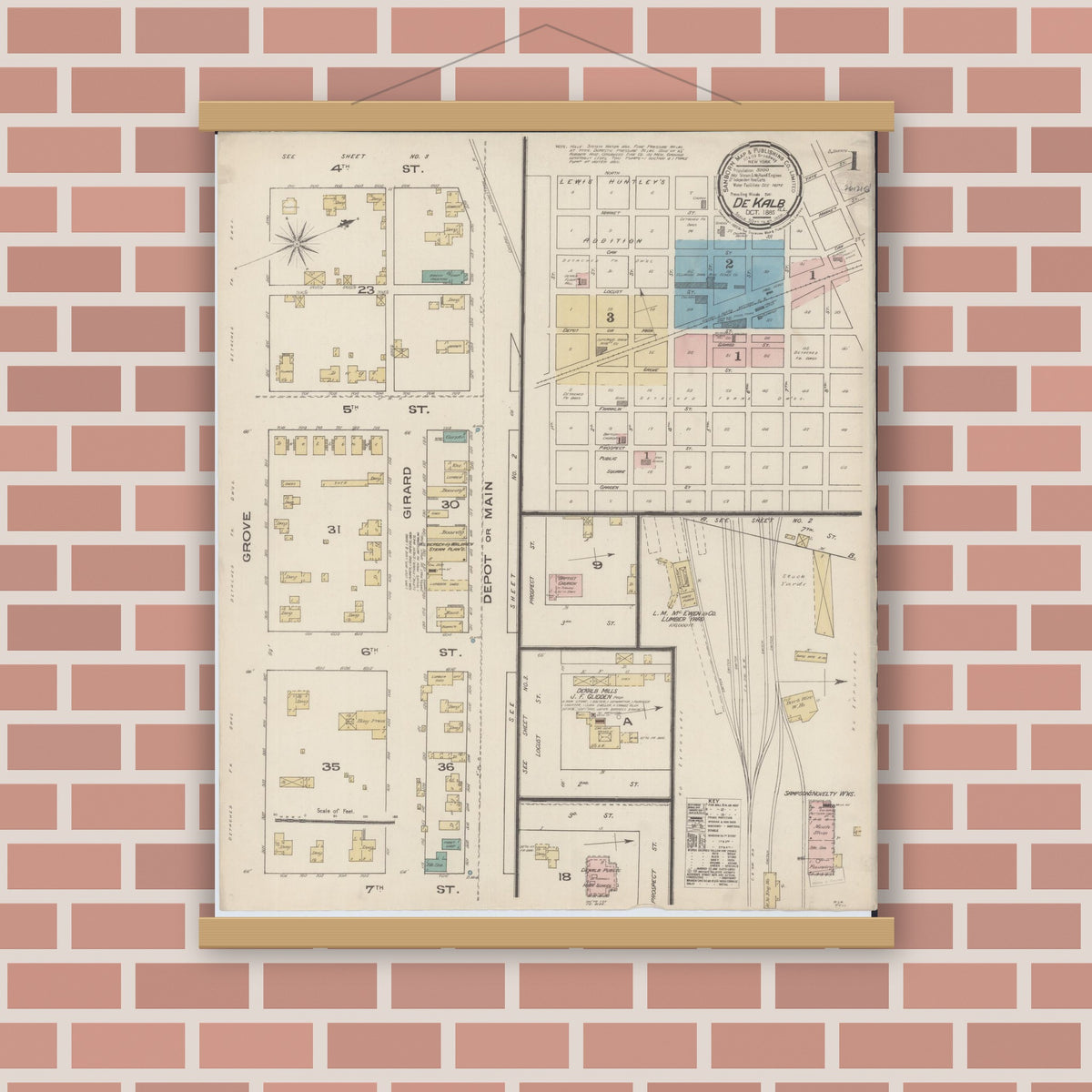 Old map wall art mockup — magnetic wood frame on brick wall — Sanborn Fire Insurance Map from De Kalb, De Kalb County, Illinois (1885) - Complete Map Set