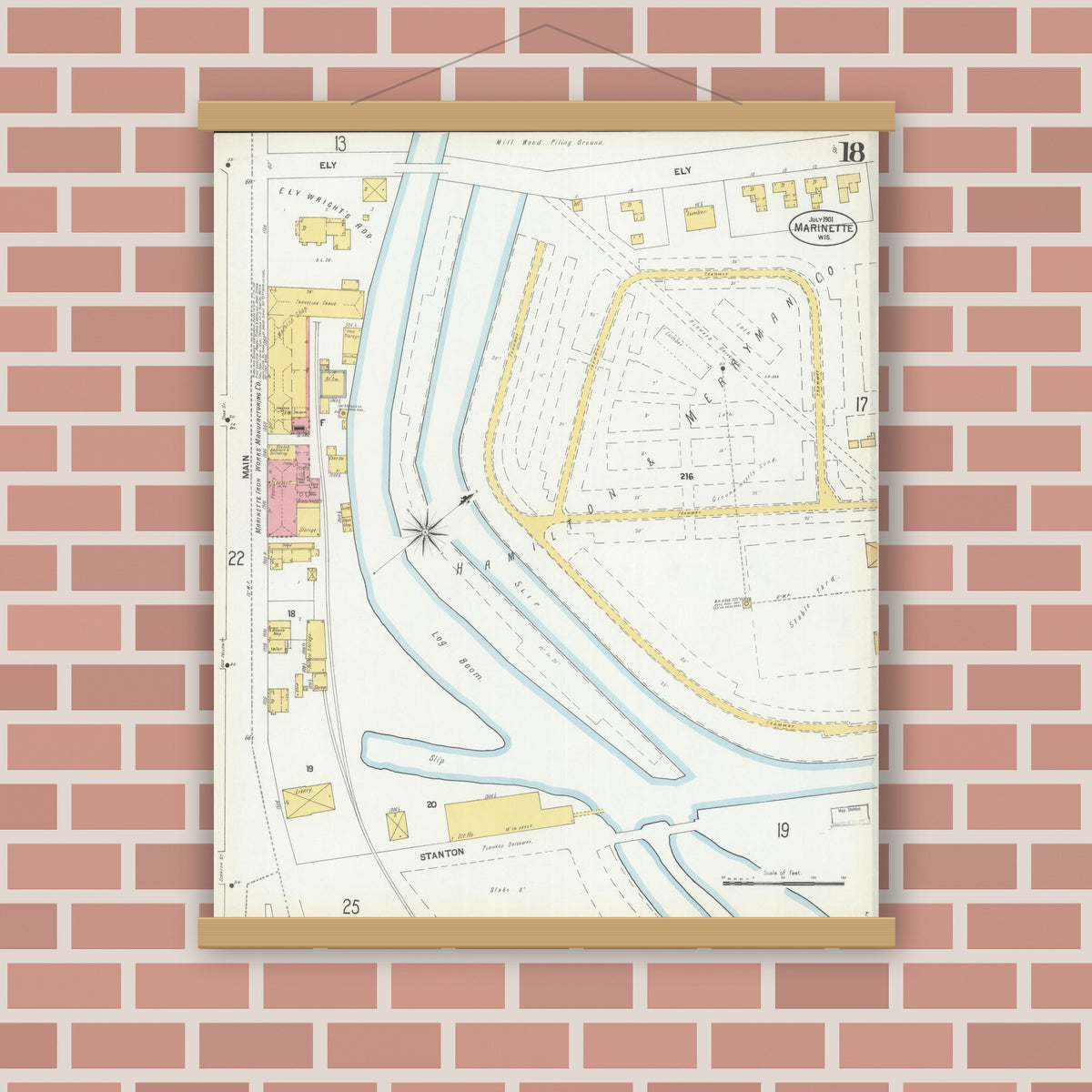 Old map wall art mockup — magnetic wood frame on brick wall — Sanborn Fire Insurance Map from Marinette, Marinette County, Wisconsin (1901), Sheet #0018