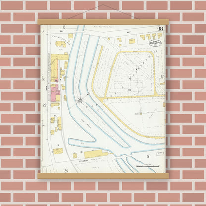 Old map wall art mockup — magnetic wood frame on brick wall — Sanborn Fire Insurance Map from Marinette, Marinette County, Wisconsin (1901), Sheet #0018