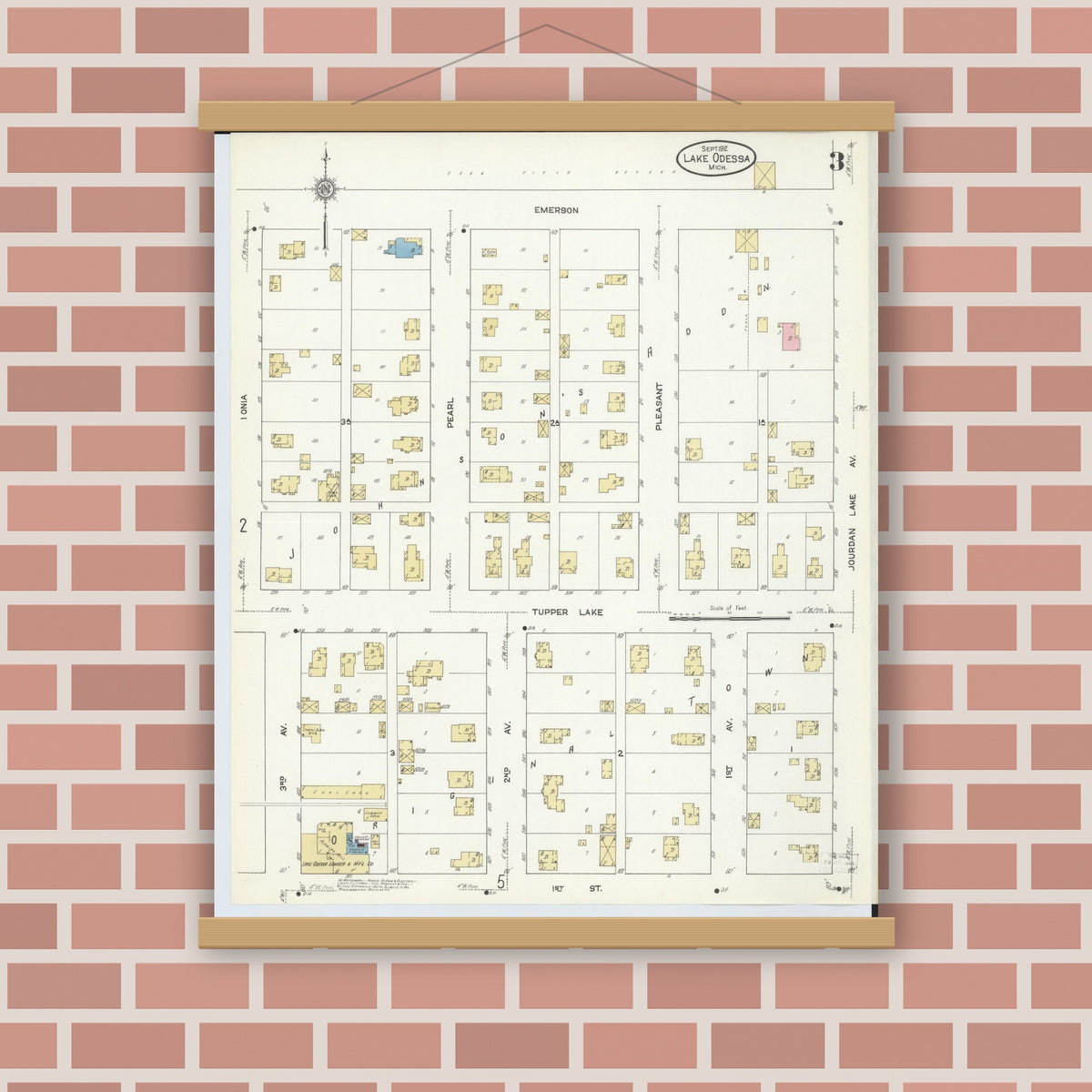 Old map wall art mockup — magnetic wood frame on brick wall — Sanborn Fire Insurance Map from Lake Odessa, Ionia County, Michigan (1912), Sheet #0003