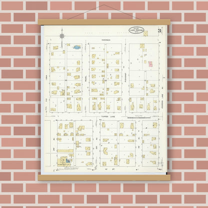 Old map wall art mockup — magnetic wood frame on brick wall — Sanborn Fire Insurance Map from Lake Odessa, Ionia County, Michigan (1912), Sheet #0003