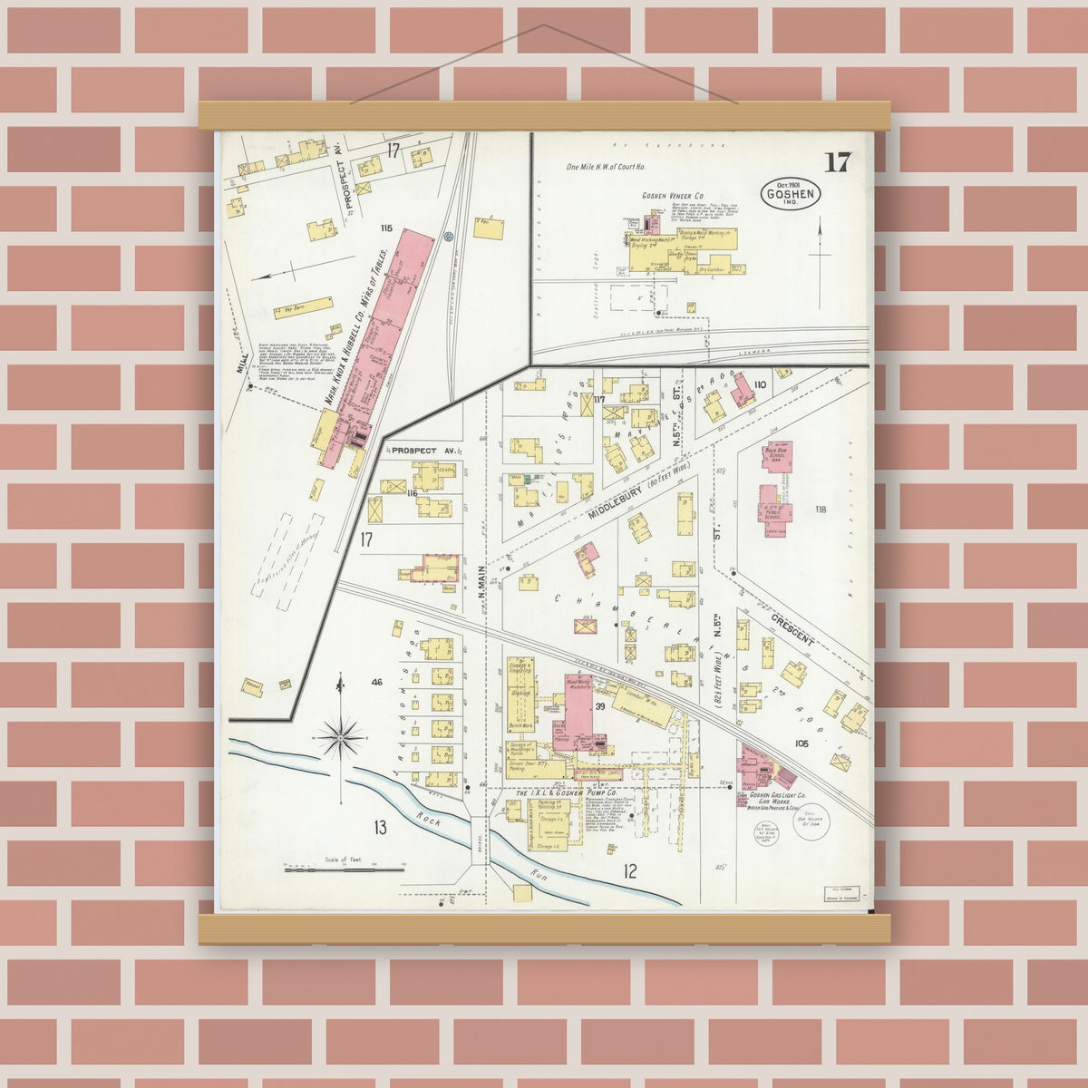 Old map wall art mockup — magnetic wood frame on brick wall — Sanborn Fire Insurance Map from Goshen, Elkhart County, Indiana (1901), Sheet #0017
