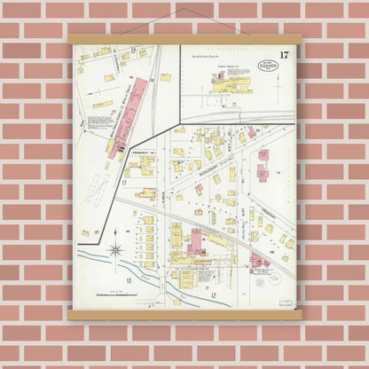 Old map wall art mockup — magnetic wood frame on brick wall — Sanborn Fire Insurance Map from Goshen, Elkhart County, Indiana (1901), Sheet #0017