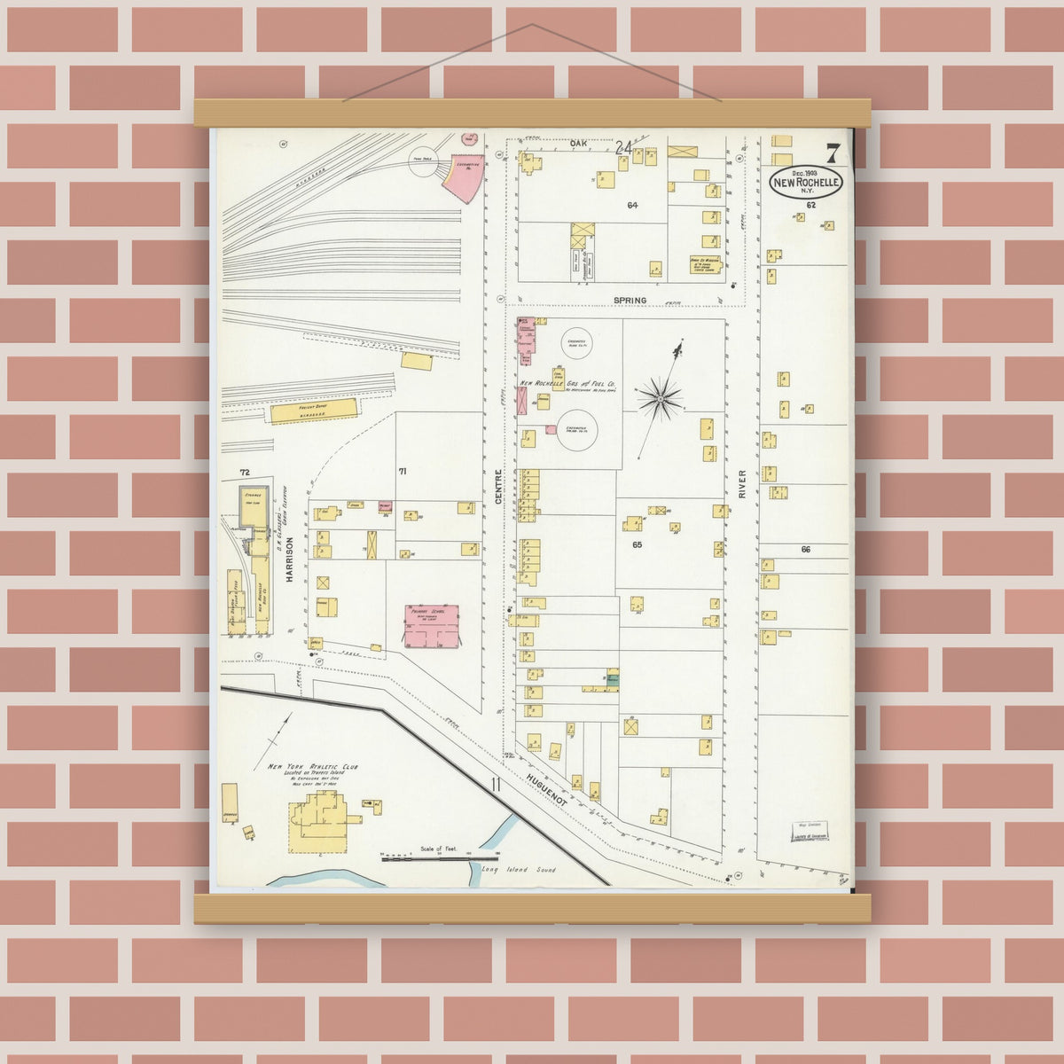 Old map wall art mockup — magnetic wood frame on brick wall — Sanborn Fire Insurance Map from New Rochelle, Westchester County, New York (1903), Sheet #0007