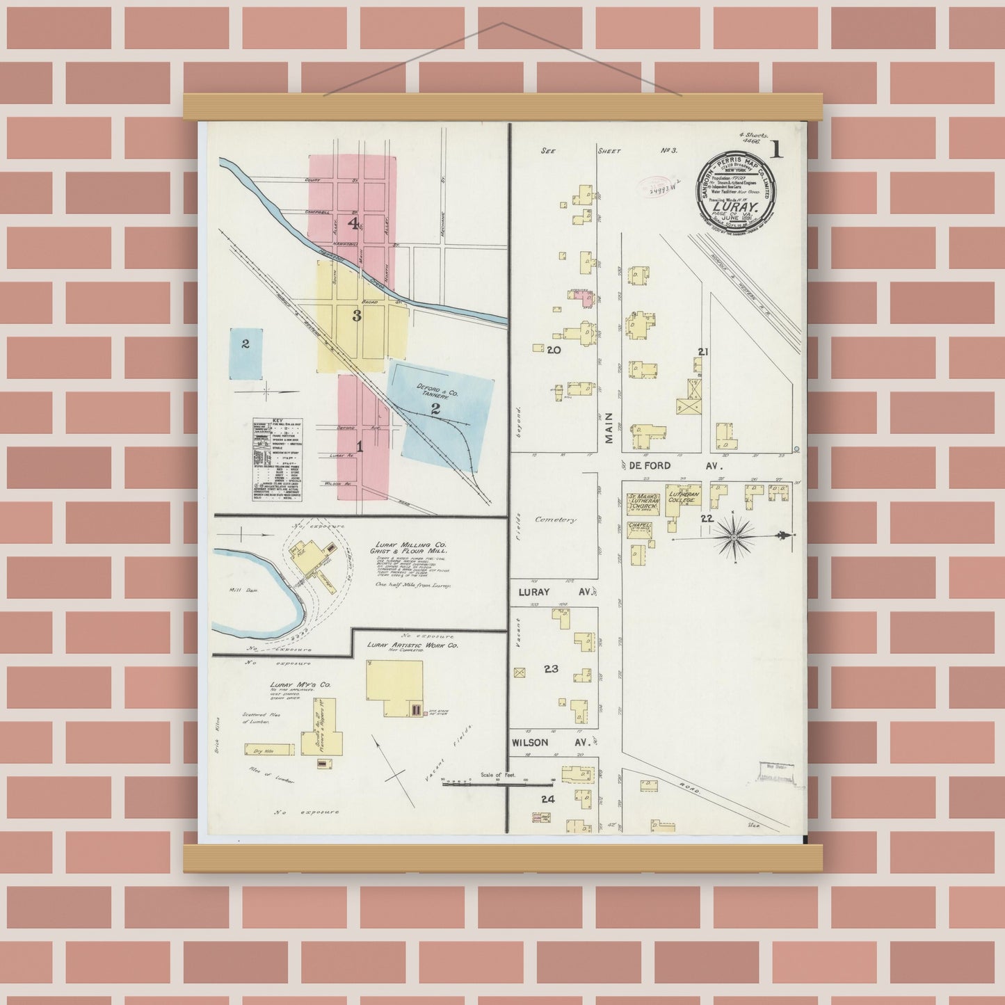 Old map wall art mockup — magnetic wood frame on brick wall — Sanborn Fire Insurance Map from Luray, Page County, Virginia (1891) - Complete Map Set