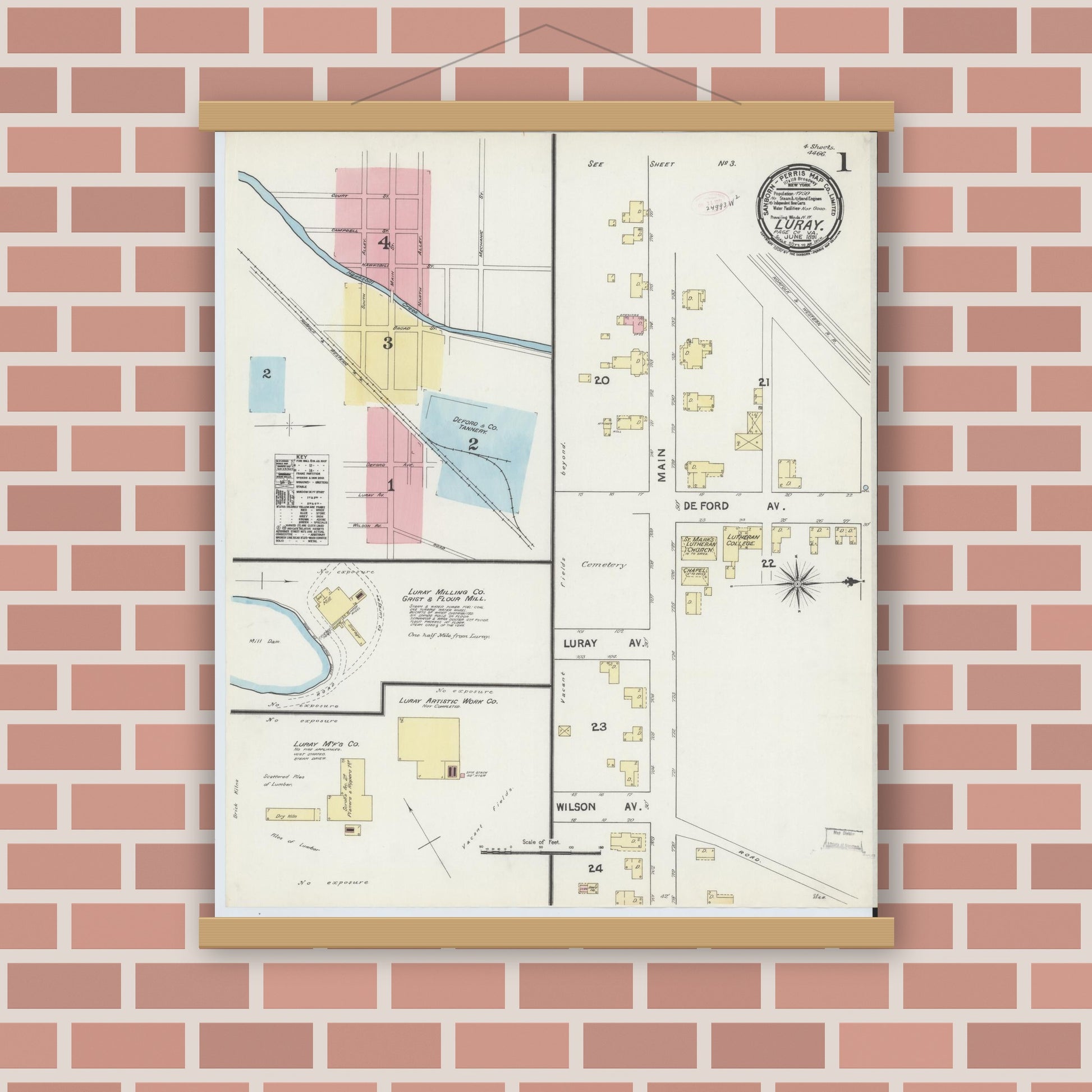 Old map wall art mockup — magnetic wood frame on brick wall — Sanborn Fire Insurance Map from Luray, Page County, Virginia (1891) - Complete Map Set