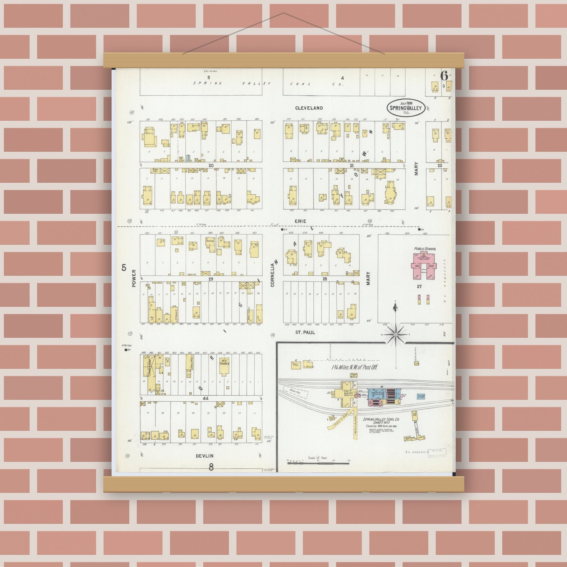 Old map wall art mockup — magnetic wood frame on brick wall — Sanborn Fire Insurance Map from Spring Valley, Bureau County, Illinois (1899), Sheet #0006