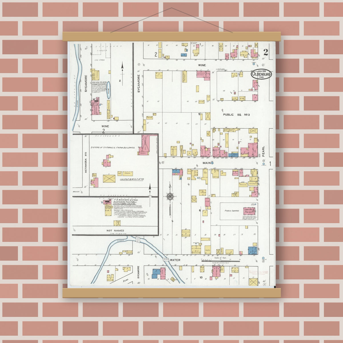 Old map wall art mockup — magnetic wood frame on brick wall — Sanborn Fire Insurance Map from Oldenburg, Franklin County, Indiana (1919), Sheet #0002