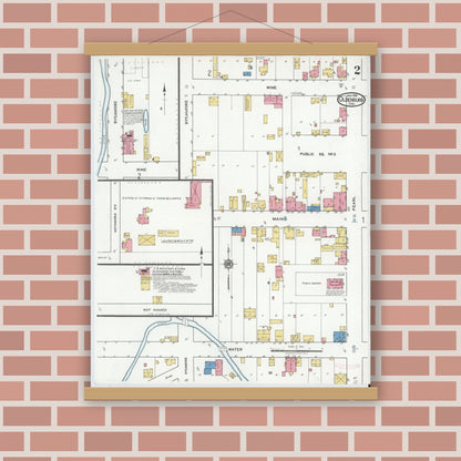 Old map wall art mockup — magnetic wood frame on brick wall — Sanborn Fire Insurance Map from Oldenburg, Franklin County, Indiana (1919), Sheet #0002