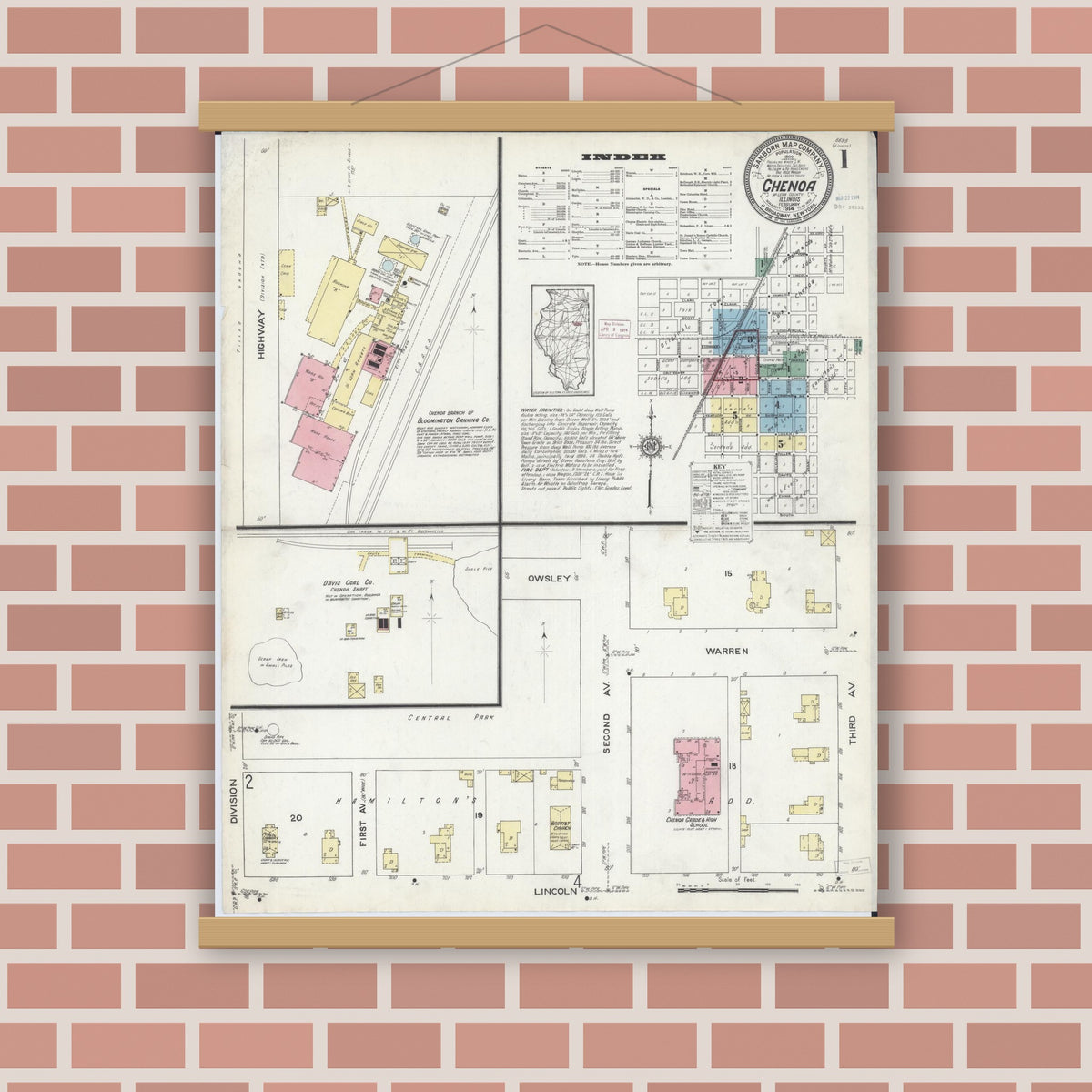 Old map wall art mockup — magnetic wood frame on brick wall — Sanborn Fire Insurance Map from Chenoa, McLean County, Illinois (1914) - Complete Map Set