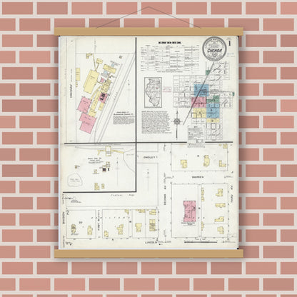 Old map wall art mockup — magnetic wood frame on brick wall — Sanborn Fire Insurance Map from Chenoa, McLean County, Illinois (1914) - Complete Map Set
