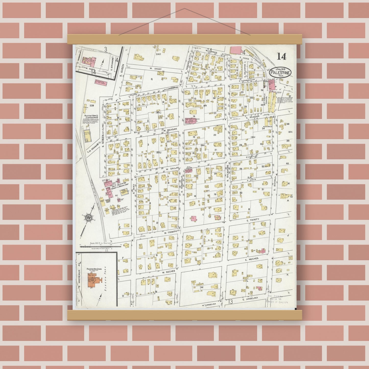 Old map wall art mockup — magnetic wood frame on brick wall — Sanborn Fire Insurance Map from Palestine, Anderson County, Texas (1919), Sheet #0014