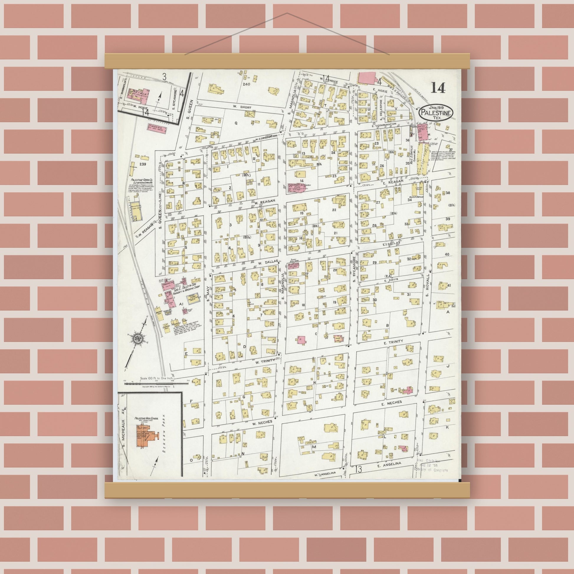 Old map wall art mockup — magnetic wood frame on brick wall — Sanborn Fire Insurance Map from Palestine, Anderson County, Texas (1919), Sheet #0014