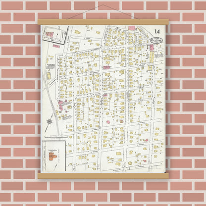 Old map wall art mockup — magnetic wood frame on brick wall — Sanborn Fire Insurance Map from Palestine, Anderson County, Texas (1919), Sheet #0014