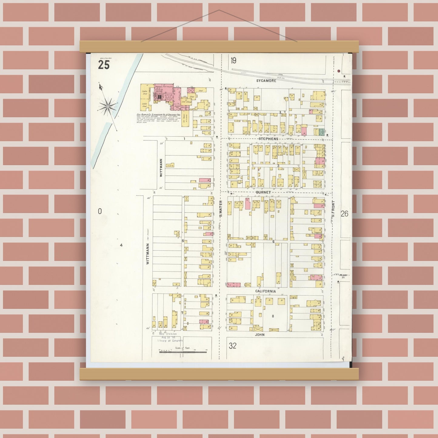 Old map wall art mockup — magnetic wood frame on brick wall — Sanborn Fire Insurance Map from Hamilton, Butler County, Ohio (1899), Sheet #0025