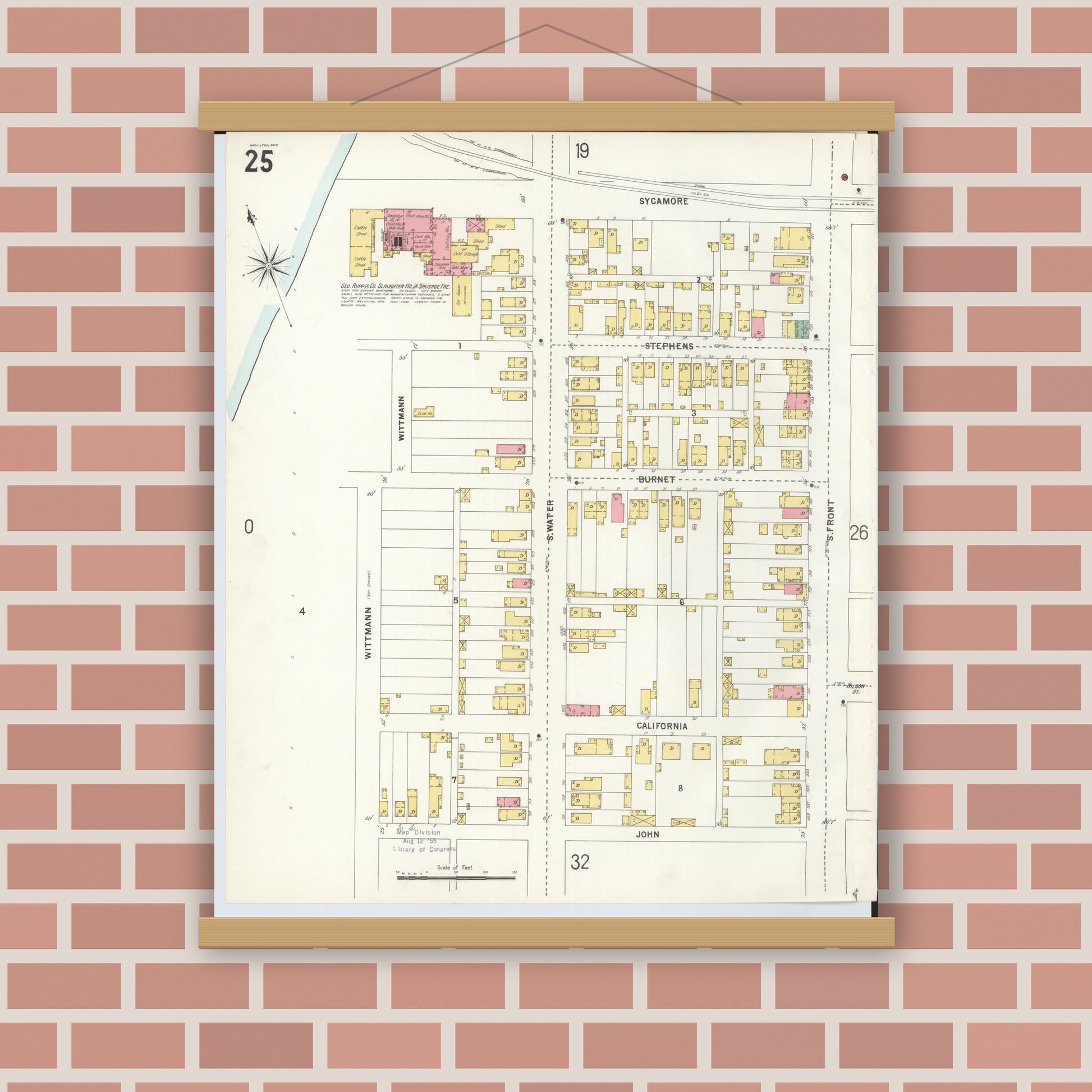 Old map wall art mockup — magnetic wood frame on brick wall — Sanborn Fire Insurance Map from Hamilton, Butler County, Ohio (1899), Sheet #0025
