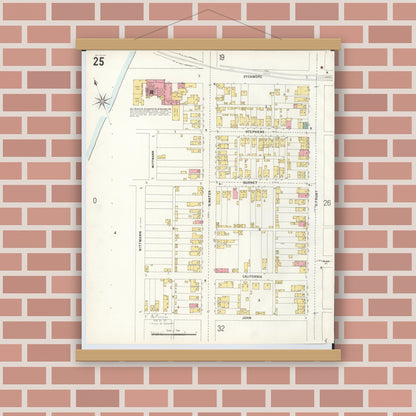 Old map wall art mockup — magnetic wood frame on brick wall — Sanborn Fire Insurance Map from Hamilton, Butler County, Ohio (1899), Sheet #0025