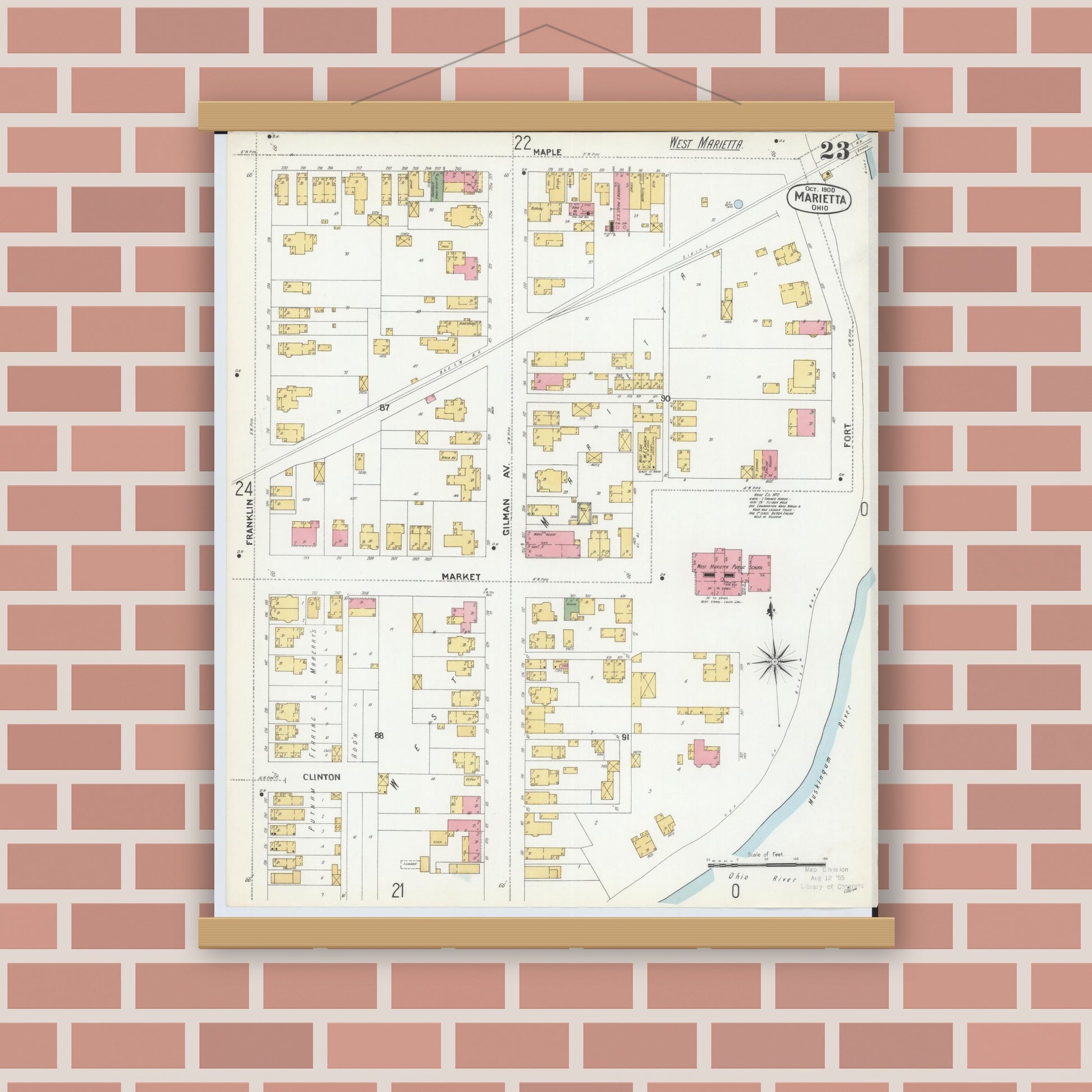 Old map wall art mockup — magnetic wood frame on brick wall — Sanborn Fire Insurance Map from Marietta, Washington County, Ohio (1900), Sheet #0023