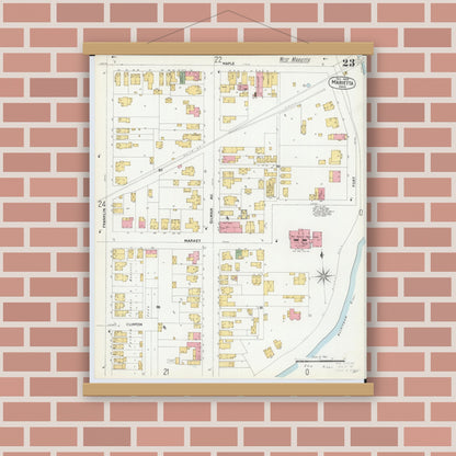 Old map wall art mockup — magnetic wood frame on brick wall — Sanborn Fire Insurance Map from Marietta, Washington County, Ohio (1900), Sheet #0023