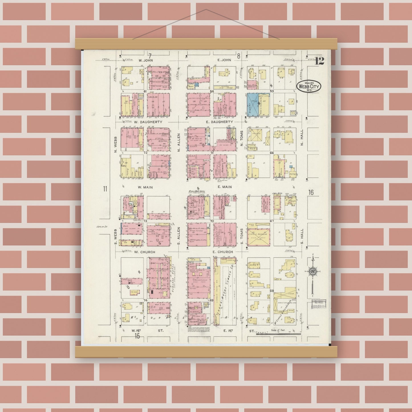 Old map wall art mockup — magnetic wood frame on brick wall — Sanborn Fire Insurance Map from Webb City, Jasper County, Missouri (1915), Sheet #0012