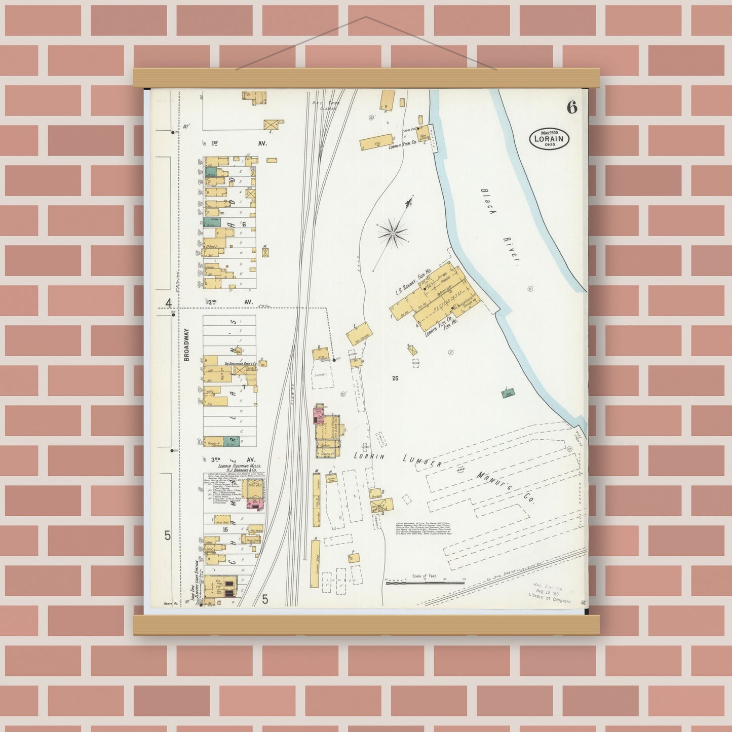 Old map wall art mockup — magnetic wood frame on brick wall — Sanborn Fire Insurance Map from Lorain, Lorain County, Ohio (1900), Sheet #0006