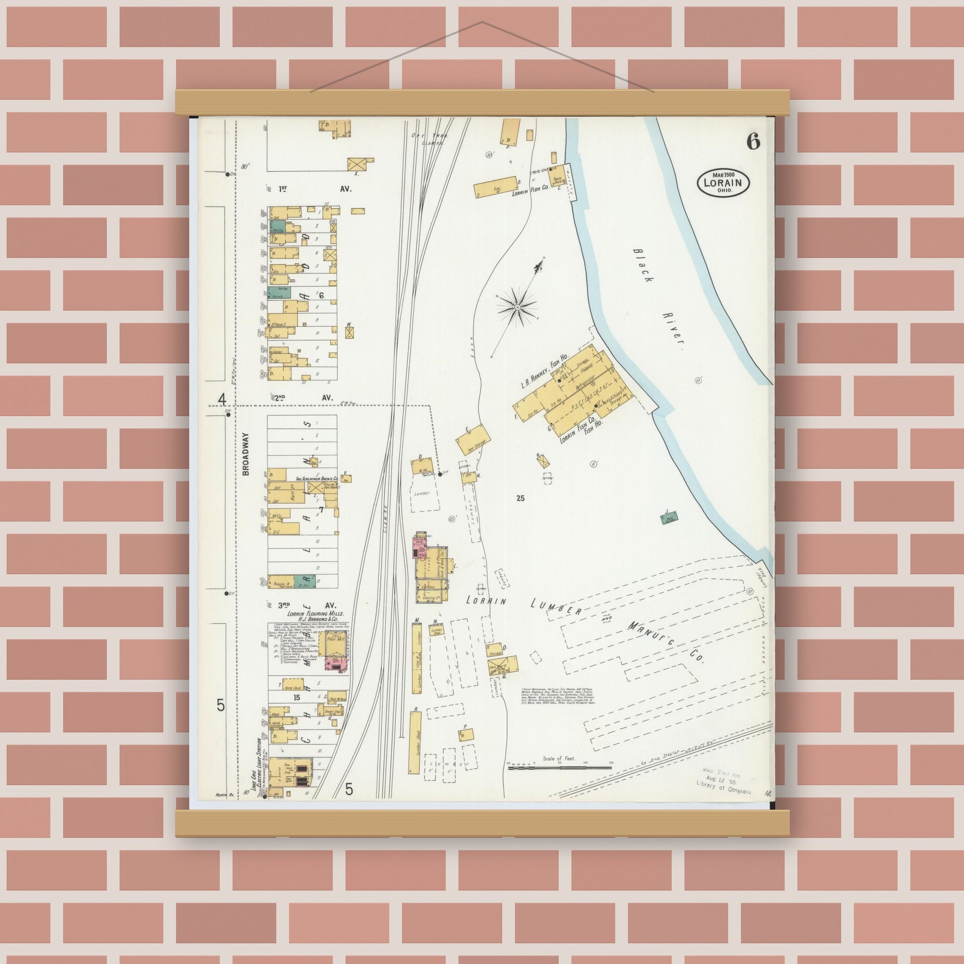 Old map wall art mockup — magnetic wood frame on brick wall — Sanborn Fire Insurance Map from Lorain, Lorain County, Ohio (1900), Sheet #0006