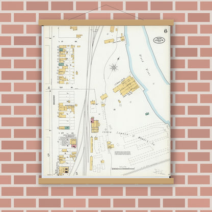 Old map wall art mockup — magnetic wood frame on brick wall — Sanborn Fire Insurance Map from Lorain, Lorain County, Ohio (1900), Sheet #0006