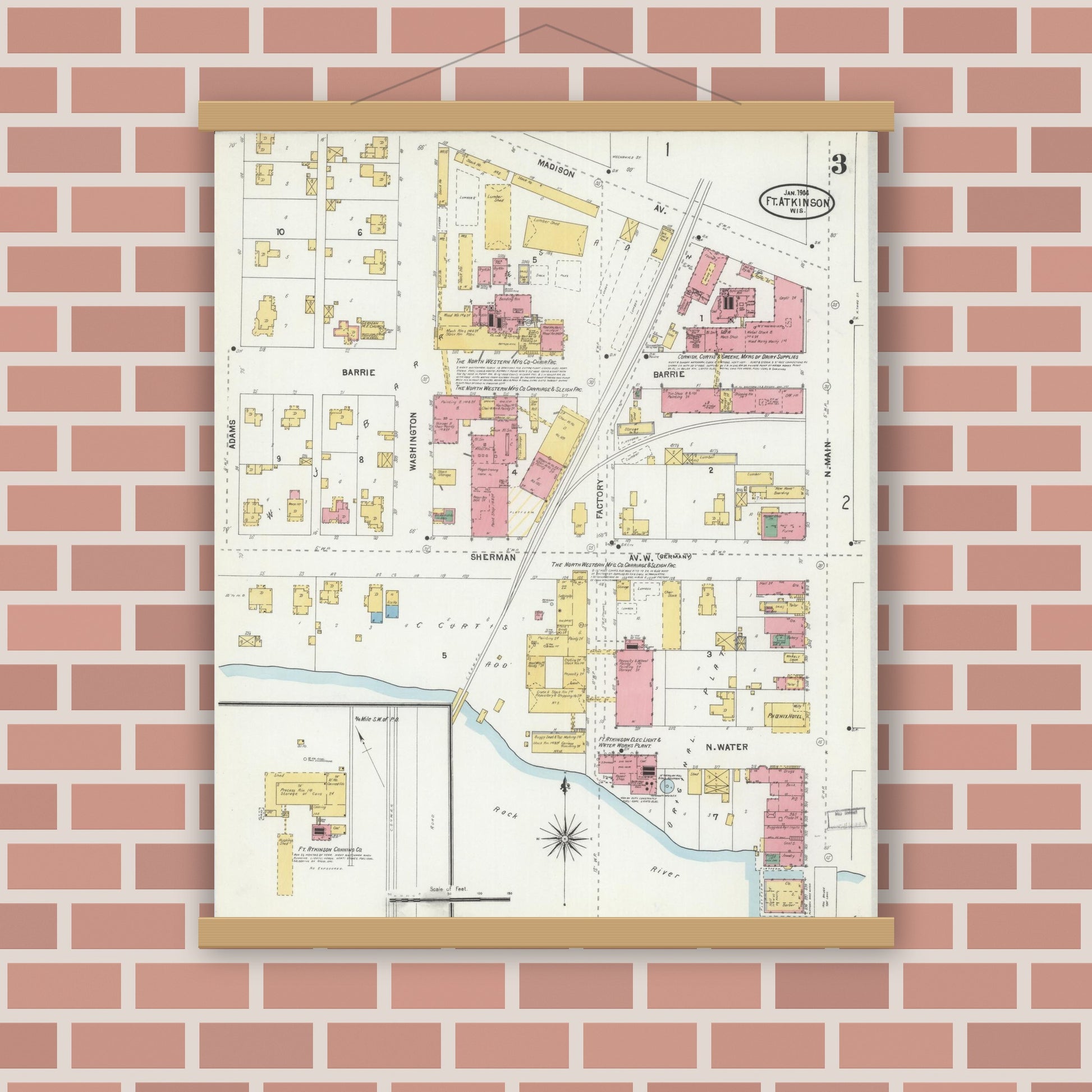 Old map wall art mockup — magnetic wood frame on brick wall — Sanborn Fire Insurance Map from Fort Atkinson, Jefferson County, Wisconsin (1904), Sheet #0003