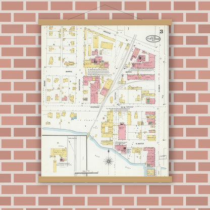 Old map wall art mockup — magnetic wood frame on brick wall — Sanborn Fire Insurance Map from Fort Atkinson, Jefferson County, Wisconsin (1904), Sheet #0003