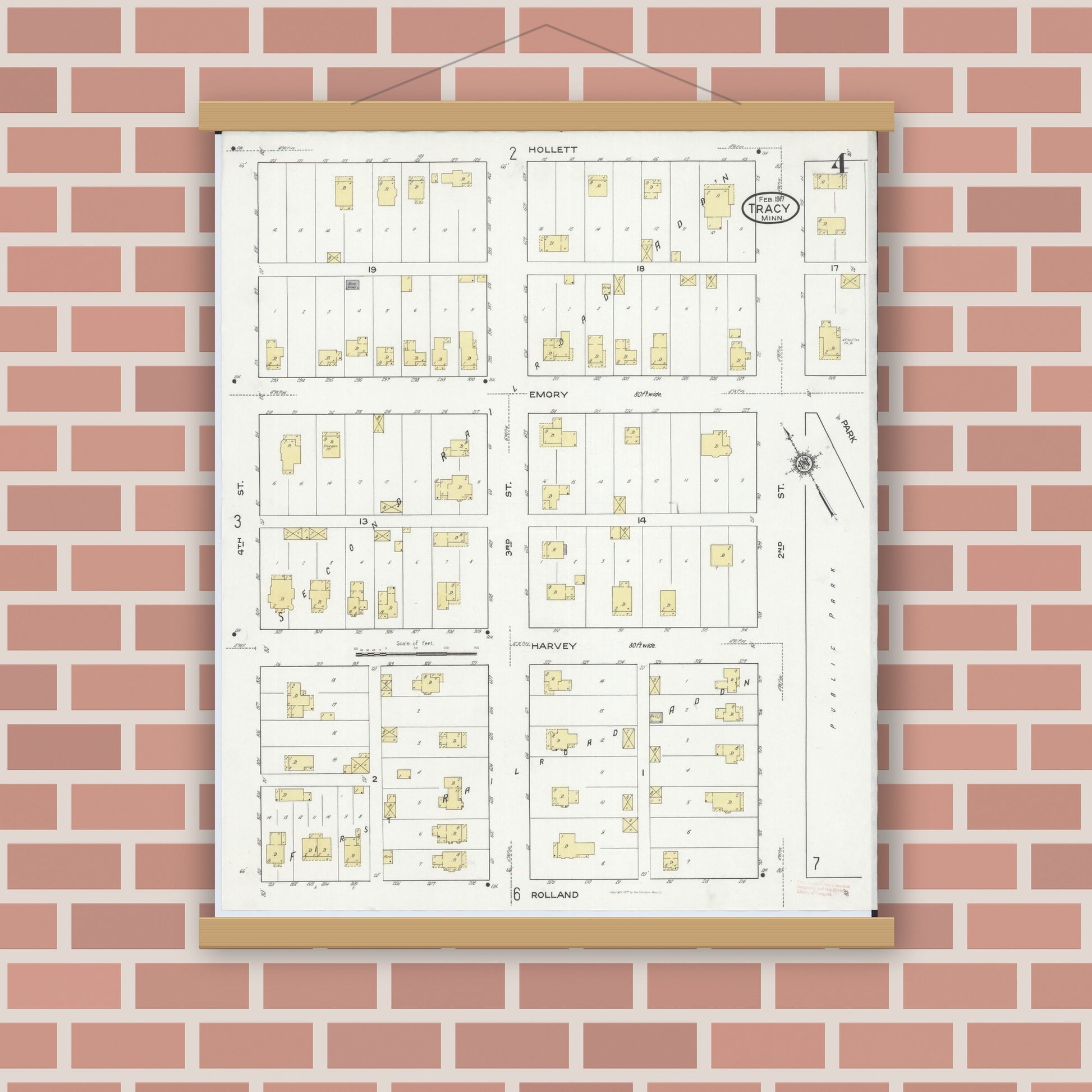 Old map wall art mockup — magnetic wood frame on brick wall — Sanborn Fire Insurance Map from Tracy, Lyon County, Minnesota (1917), Sheet #0004