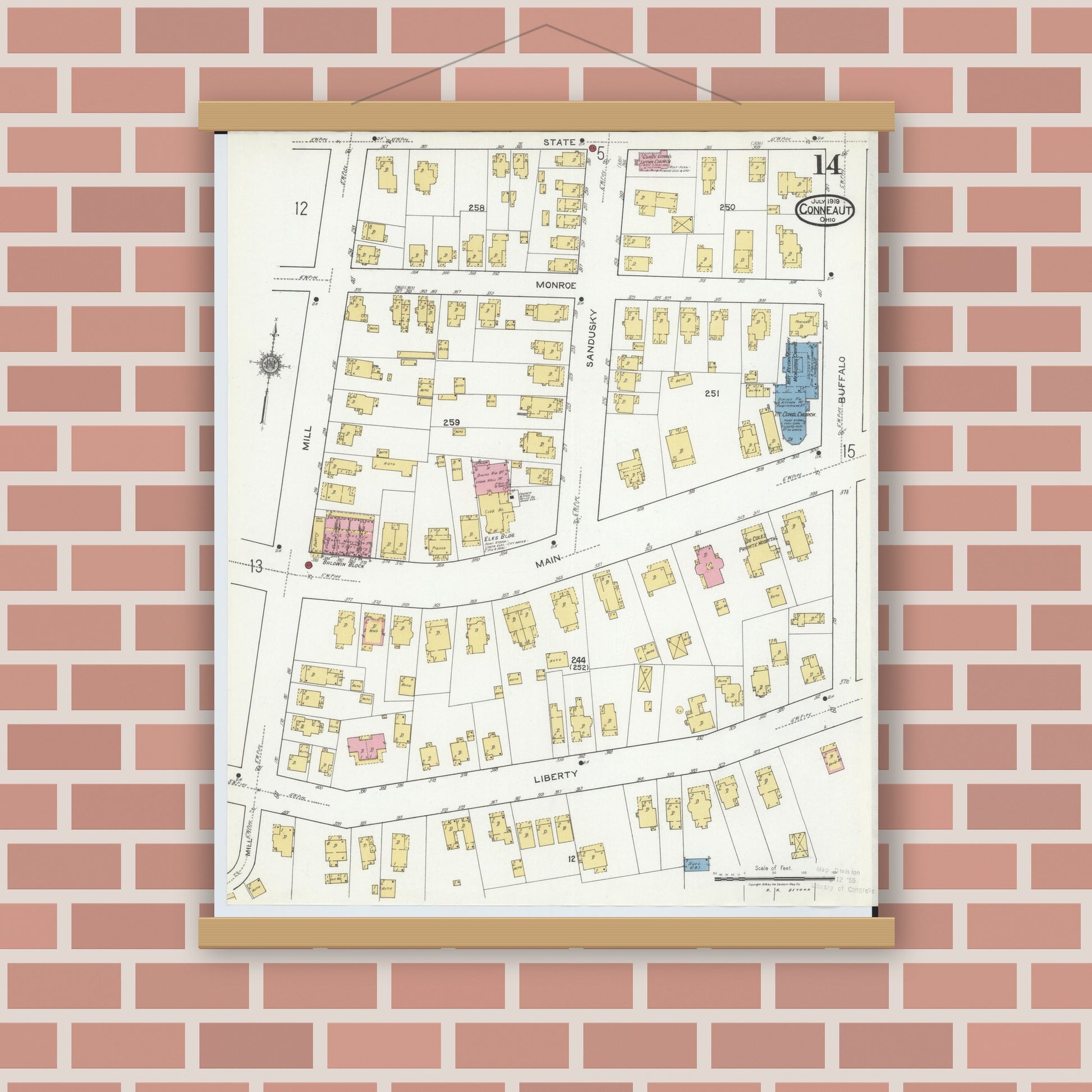 Old map wall art mockup — magnetic wood frame on brick wall — Sanborn Fire Insurance Map from Conneaut, Ashtabula County, Ohio (1919), Sheet #0014