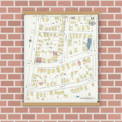 Old map wall art mockup — magnetic wood frame on brick wall — Sanborn Fire Insurance Map from Conneaut, Ashtabula County, Ohio (1919), Sheet #0014