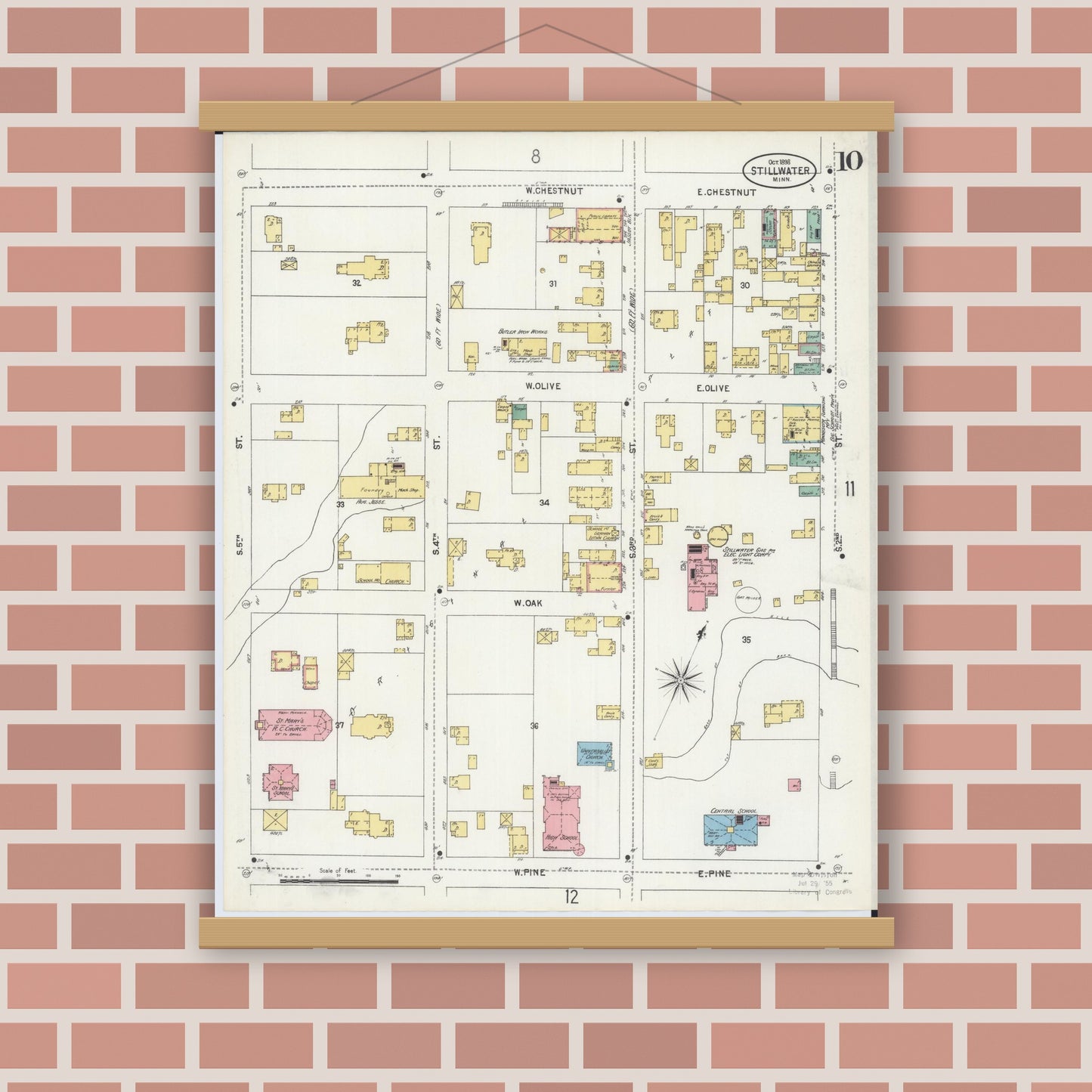 Old map wall art mockup — magnetic wood frame on brick wall — Sanborn Fire Insurance Map from Stillwater, Washington County, Minnesota (1898), Sheet #0010