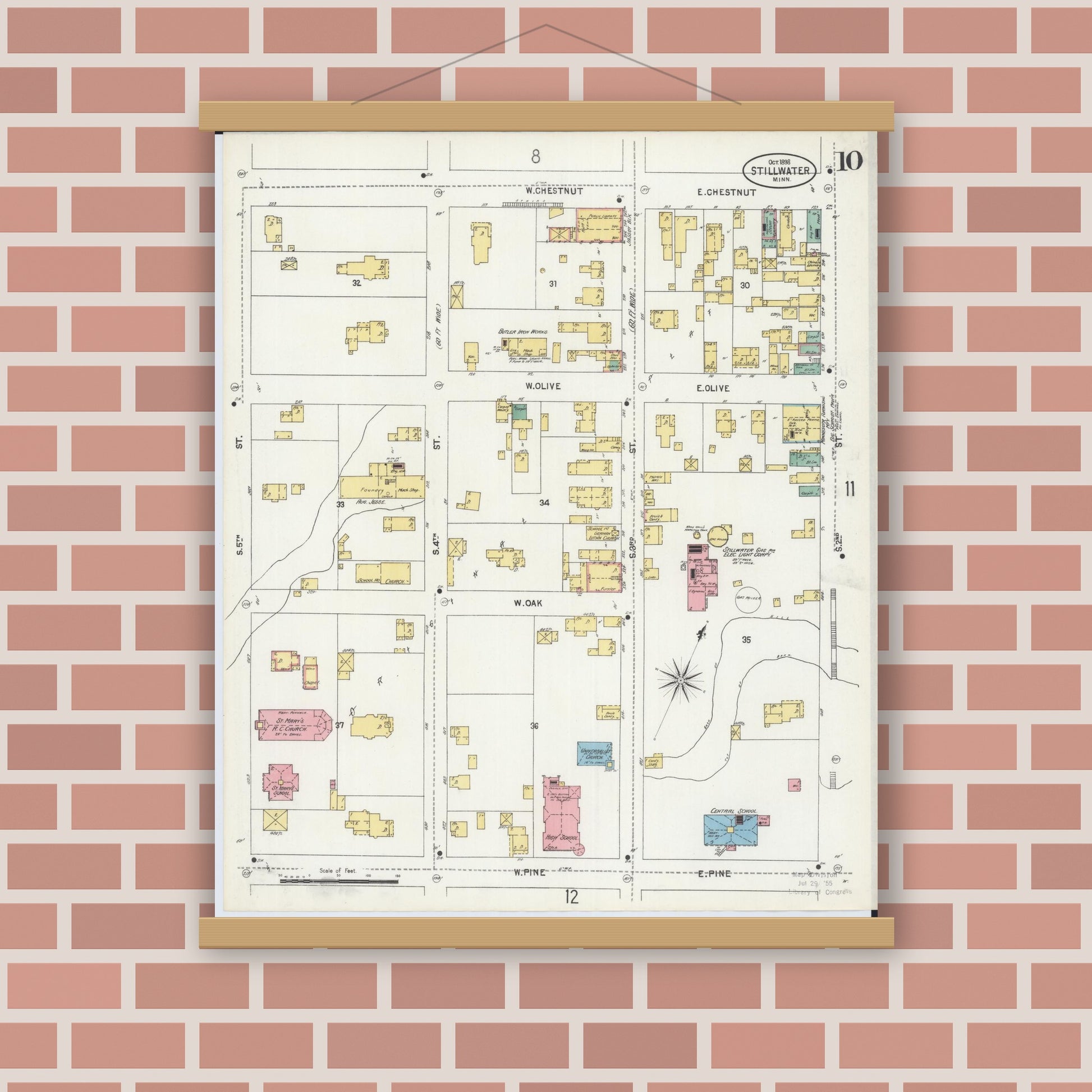 Old map wall art mockup — magnetic wood frame on brick wall — Sanborn Fire Insurance Map from Stillwater, Washington County, Minnesota (1898), Sheet #0010