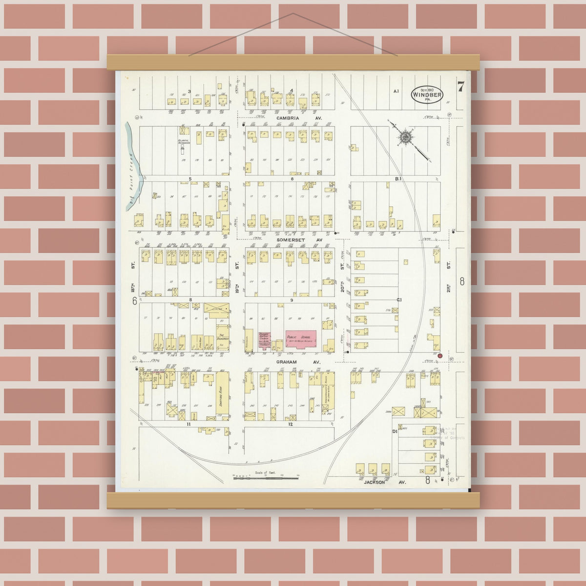 Old map wall art mockup — magnetic wood frame on brick wall — Sanborn Fire Insurance Map from Windber, Somerset County, Pennsylvania (1910), Sheet #0007
