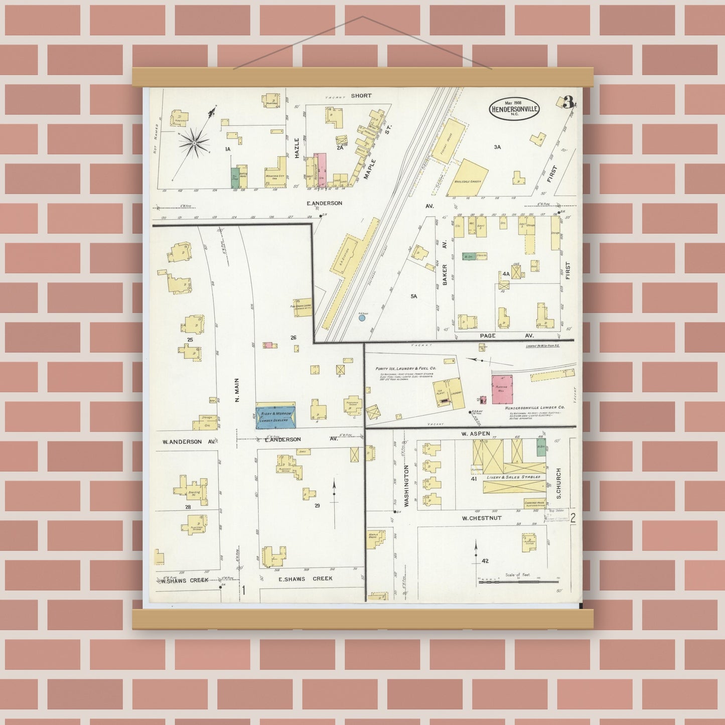 Old map wall art mockup — magnetic wood frame on brick wall — Sanborn Fire Insurance Map from Hendersonville, Henderson County, North Carolina (1908), Sheet #0003