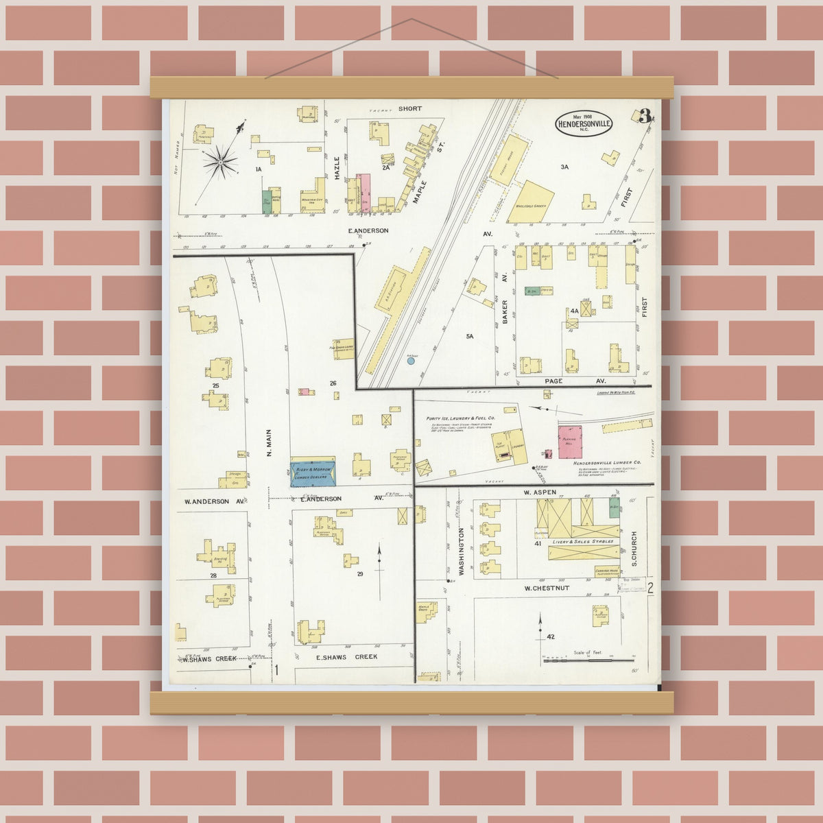 Old map wall art mockup — magnetic wood frame on brick wall — Sanborn Fire Insurance Map from Hendersonville, Henderson County, North Carolina (1908), Sheet #0003
